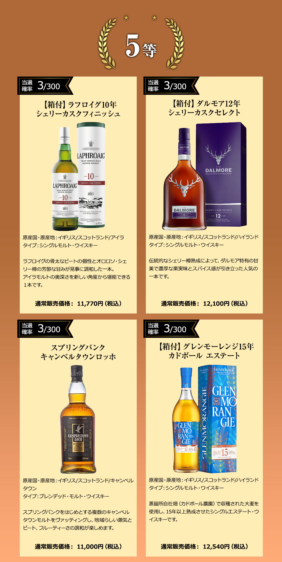 ５等賞：【箱付】ラフロイグ10年 シェリーカスクフィニッシュ／【箱付】ダルモア12年 シェリーカスクセレクト／スプリングバンクキャンベルタウンロッホ／【箱付】グレンモーレンジ15年カドボール エステート